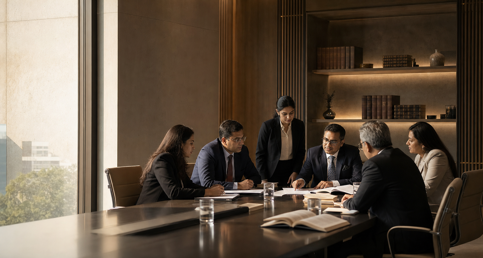 A team of Indian legal professionals collaborating in a boardroom